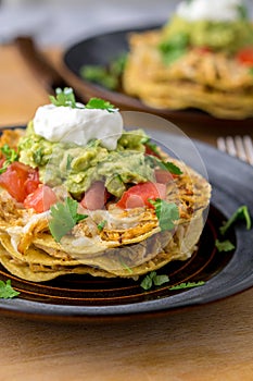 Stacked tostada dish closeup. photo