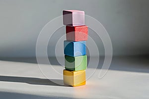 A stacked tower of multi-colored cubes on a light gray surface, with each cube casting a different