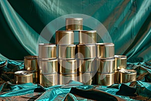Stacked unopened cans on green cloth. Golden colored tins with canned food.
