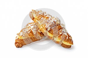 Stacked Vanilla Cream Croissants with Almond Flakes on White Background