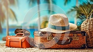 Stacked vintage leather suitcases hat travel accessories. Cinematic style banner for traveling vacation concept photo
