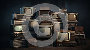 Stacked Wall Of Vintage Televisions. Generative AI