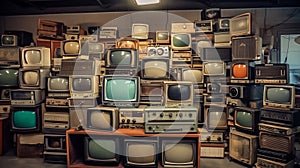 Stacked Wall Of Vintage Televisions. Generative AI