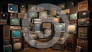 Stacked Wall Of Vintage Televisions. Generative AI