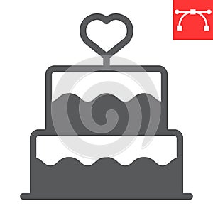 Stacked wedding cake with heart glyph icon, dessert and bakery, love cake vector icon, vector graphics, editable stroke