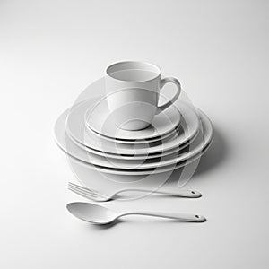 Stacked White Ceramic Dinnerware Set with Mug Fork and Spoon on White Background plate