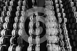 Stacked Wine barrels in modern winery top down view