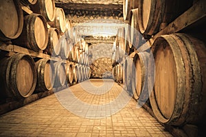 Stacked wine barrels in the old cellar of the winery