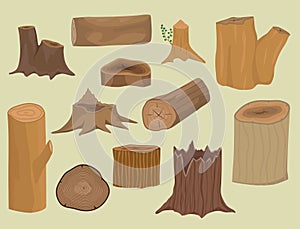 Stacked wood pine timber for construction building cut stump lumber tree bark materials vector set