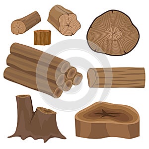 Stacked wood pine timber for construction building cut stump lumber tree bark materials vector set