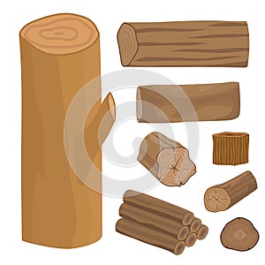 Stacked wood pine timber for construction building cut stump lumber tree bark materials vector set