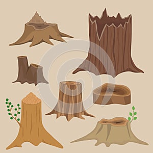 Stacked wood pine timber for construction building cut stump lumber tree bark materials vector set