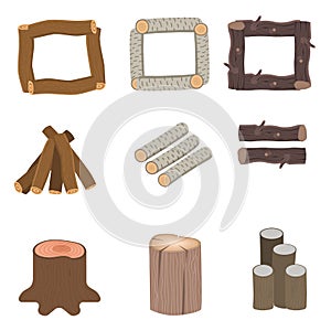 Stacked wood vector pine timber for construction building cut stump lumber tree bark materials illustration.