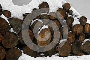 Stacked wood in winter outdoors, closeup