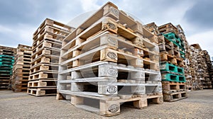 Stacked Wooden Pallets in an Outdoor Warehouse Setting
