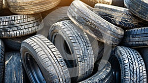 Stacked worn-out car tires. Ground landfill. Environmental concern, Ai Generated