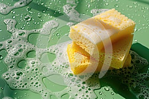 Stacked yellow sponges on a wet green surface with soap bubbles, suitable for visual content on household cleaning
