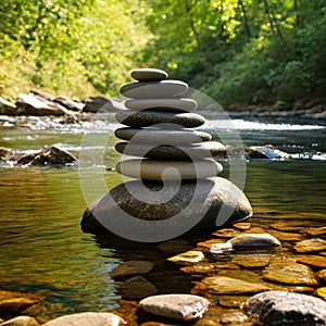 Stacked zen stones in the middle of a stream in the forest