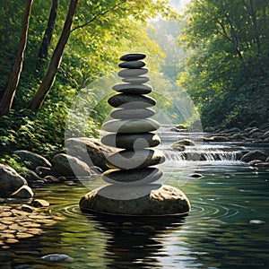 Stacked zen stones in the middle of a stream in the forest