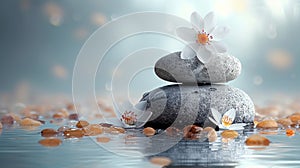 Stacked Zen Stones with White Blossoms on Calm Water