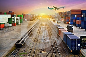 Stacker hold a container box and train freight cargo container.