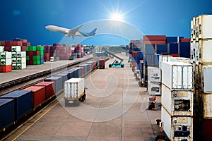 Stacker hold a container box and train freight cargo container.