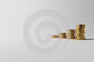 Stacking coins with a graph of profit on white background studio shot 3d Rendering