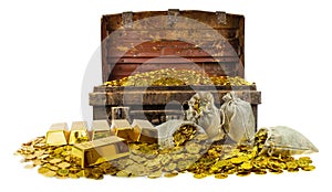 Stacking gold coins in treasure stack and gold bar 1kg on white background