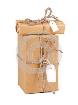 Stacking parcels boxes with kraft paper,isolated