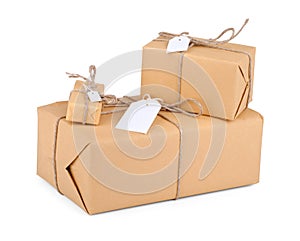 Stacking parcels boxes with kraft paper,isolated on white
