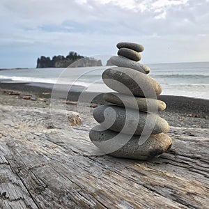 Stacking Rocks on Driftwood