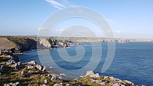 Stackpole Warren whose long nose is Stackpole Head and its prominent chin Saddle Point. Pembrokeshire uk