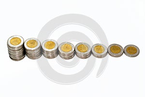 Stacks of 1 LE EGP one Egyptian pound coins cash isolated on white background, Egypt currency exchange rate concept with foreign