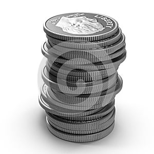 Stacks of american dime coins isolated on white. 3D illustration