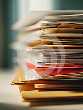 Stacks of assorted documents and envelopes arranged on a desk