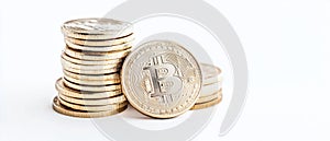 Stacks of Bitcoin Coins on White Background. Generative ai