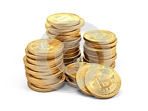 Stacks of Bitcoins isolated on white. mining cryptocurrency concept