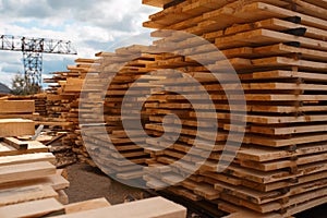 Stacks of boards on timber mill warehouse