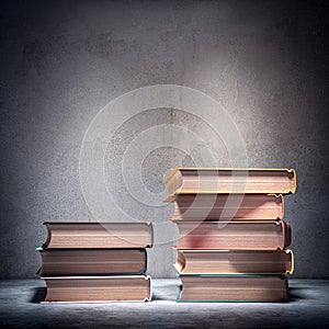 Stacks of books on concrete background