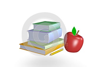 Stacks of books with pencil and apple