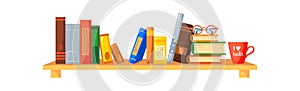 Stacks books shelf. Bookshelf of old library with glasses and red cup, flat icon vector illustration