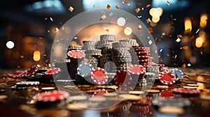 Stacks of casino chips for roulette and poker on the table, concept of gambling and casino entertainment