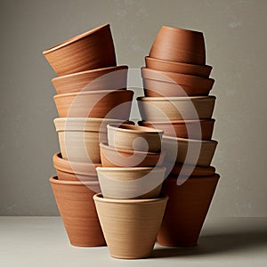 Stacks of ceramic terracotta pots are arranged in an overlapping pattern. The pots