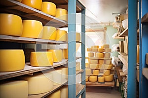 stacks of cheese wheels in ageing room