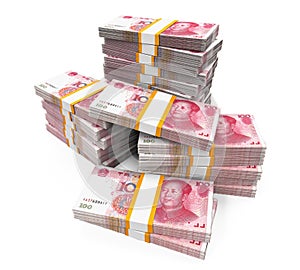 Stacks of Chinese Yuan Banknotes