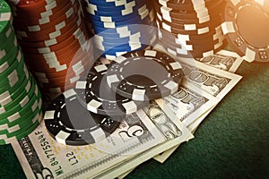 Stacks of chips on the money received as a result of winning the game of poker. Fortune or luck depends on the bet and the