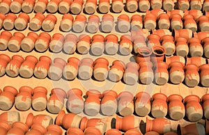 Stacks of clay flowerpots in Kathmandu, Nepal