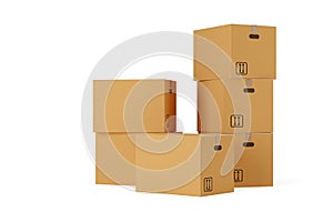 Stacks of closed brown cardboard moving storage boxes over white background  moving day concept