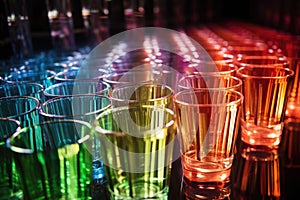 stacks of cocktail glasses glinting in light