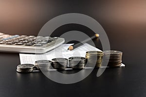 Stacks of Coin and and calculator on Banking Account for Business Finance Concept